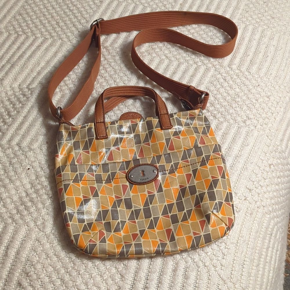 Fossil Key.Per Waxed Canvas‎ Crossbody Bag Geometric Print Adjustable Strap